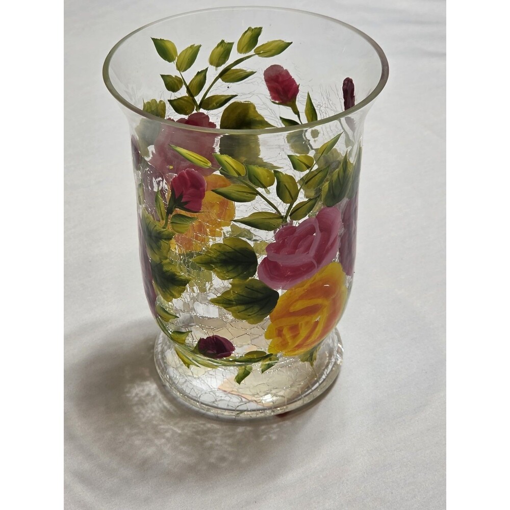 Hurricane candle holder 5th Ave Crystal Hand painted Roses on a crackle glass